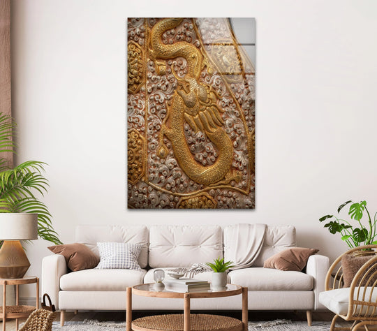 Embrace a mood of luxurious tradition with this golden dragon glass art.