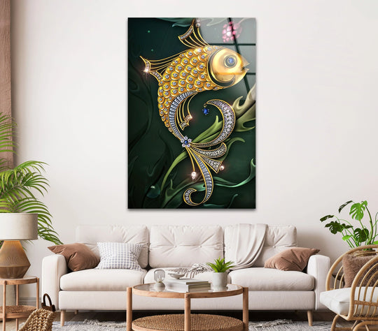 Animal golden fish glass wall art featuring shiny aesthetic luxury art and wall decor for home on a white wall