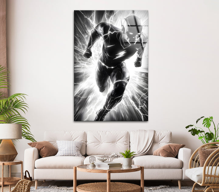 A bold black and white glass wall art depicting The Flash’s iconic lightning-fast movement.