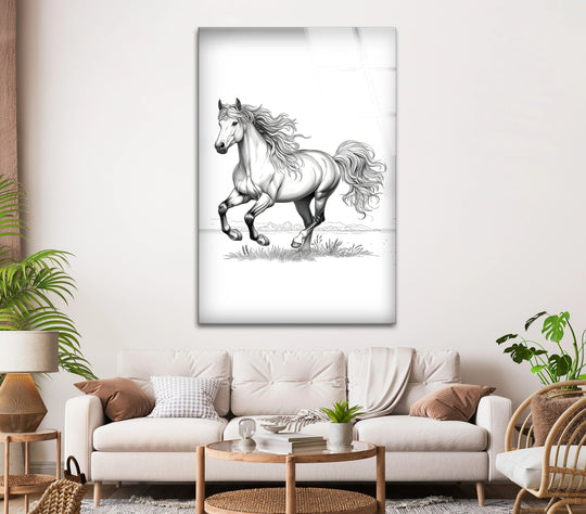 Animal glass wall art white and black running horse wildlife wall decor and majestic horse art for nature inspired modern interiors
