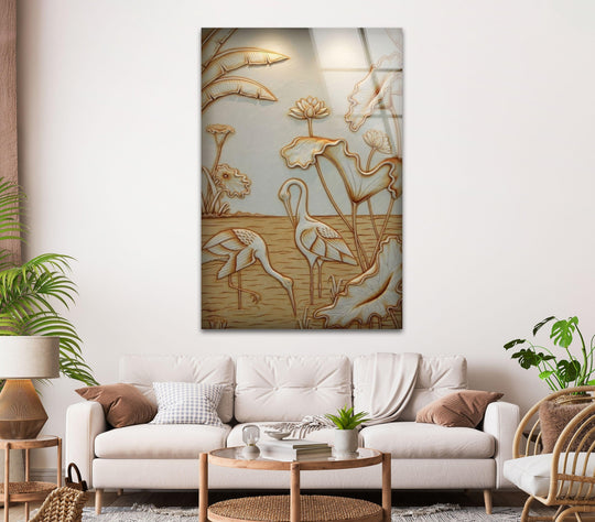 A vertical rectangle of glass printing displays white storks in a serene pond with lotus flowers and broad leaves.