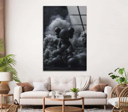 This cool art glass wall art shows a Kaws dark aesthetic sculpture and is black and white modern artwork and a dramatic monochrome setting perfect for modern interiors