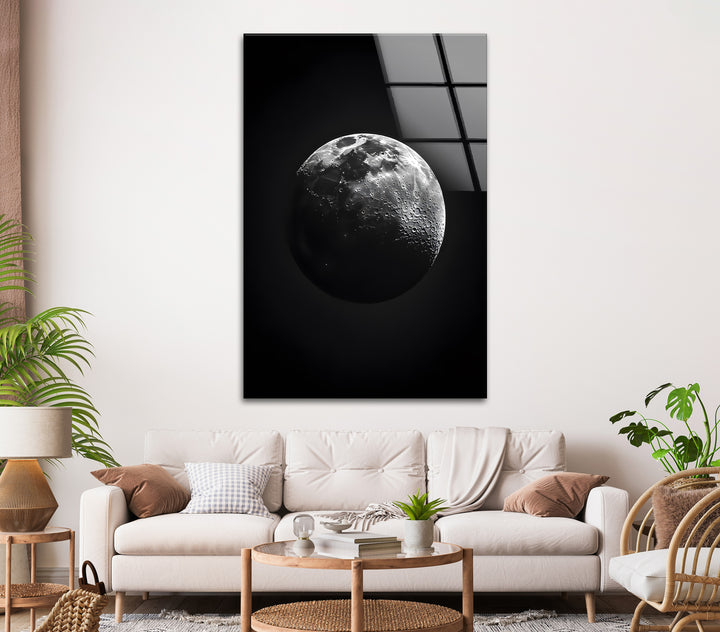Lunar Majesty: Detailed Black and White Moon on Glass Wall Art
