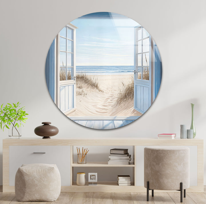 Blue Retreat – Glaswandkunst mit offenem Strandblick