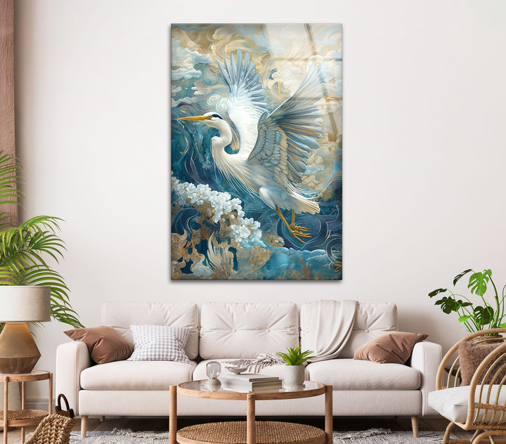 Celestial Flight – Verzierter Reiher mit Gold- und Blumenmotiven aus Glas