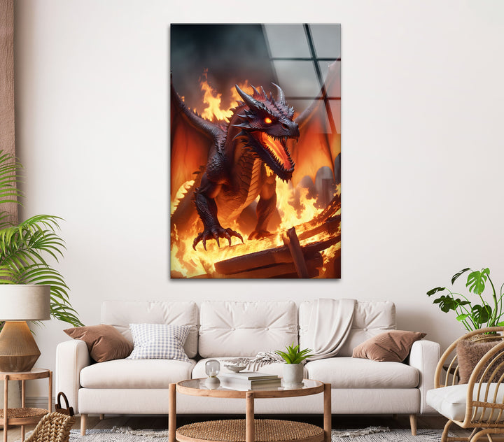 Fierce dragon bathed in fire, its mighty roar causing destruction in its wake.
