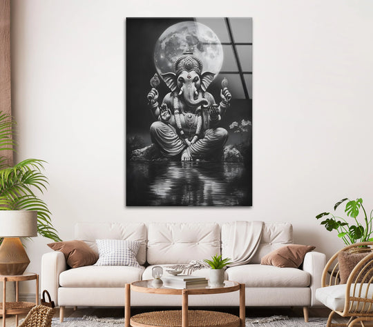 Religion glass wall art black and white spiritual artwork featuring Lord Ganesha and the full moon symbolizing wisdom and prosperity