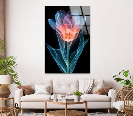 Organic forms of a luminous, translucent flower are captured in this vibrant print wall art, showcasing ethereal blues and fiery oranges.