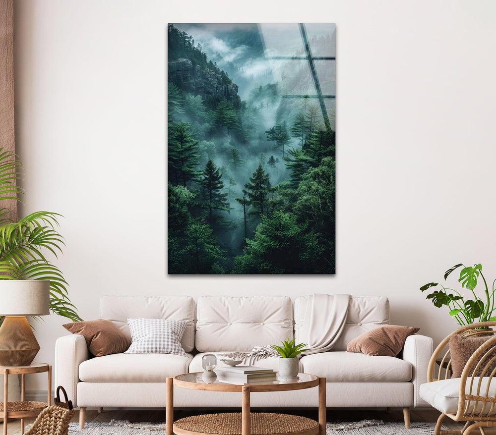 Large landscape wall art capturing the beauty of fog-covered mountains and forests.
