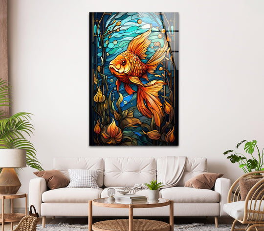 Animal glass wall art colored golden fish decor with aquatic detail and elegant animal artwork