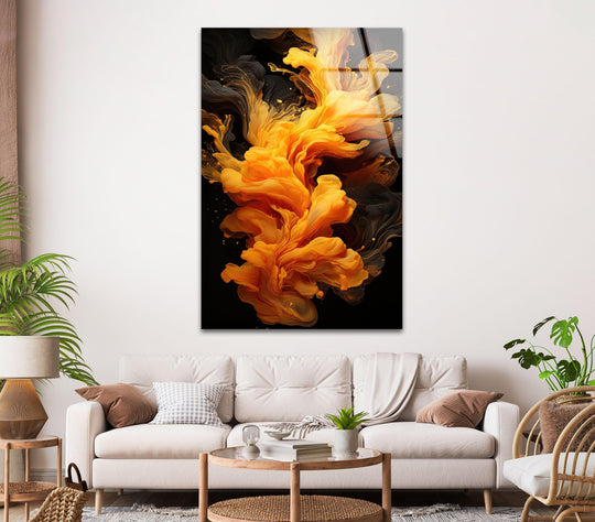 Swirling yellow ink blends with dark smoke, creating a dynamic, multi-layered abstract glass wall art decor.