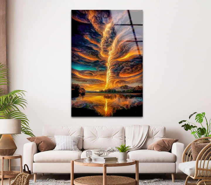 Large landscape wall art showcasing a fiery storm sky reflected on water.
