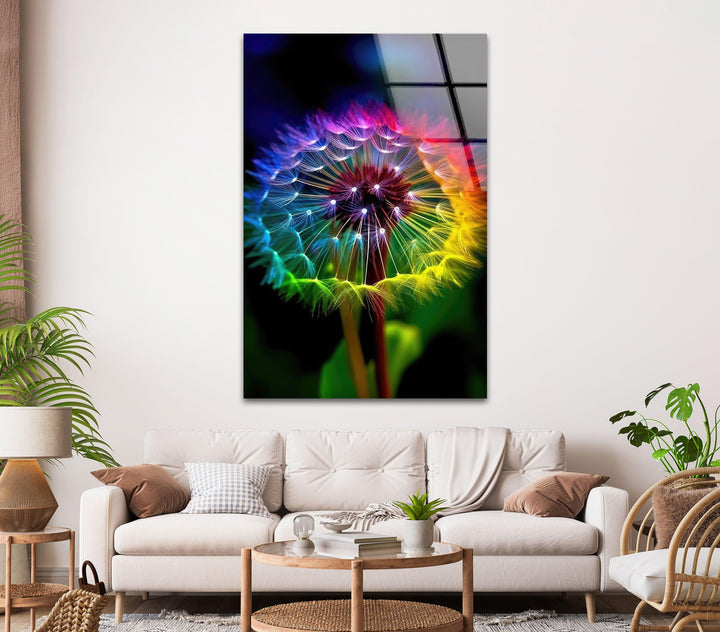 Rainbow Colors Dandelion Glass Wall Art, glass image printing, glass prints from photos