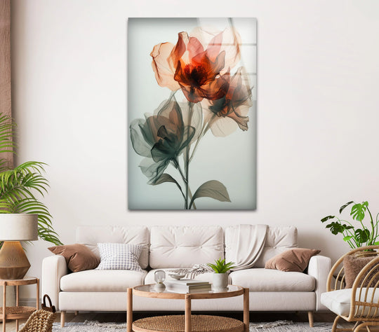 Ethereal watercolor red flower glass wall art with delicate petals and intricate details.