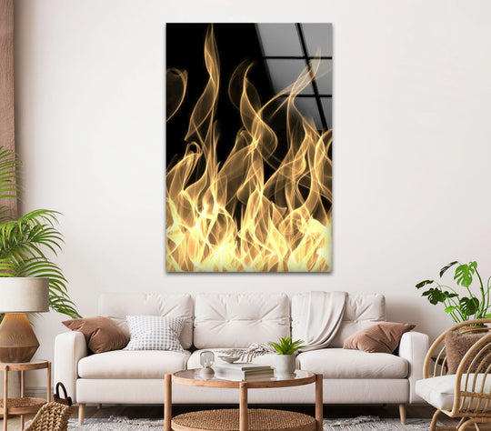 Flowing golden organic forms of fire dance and swirl across this striking print wall art.