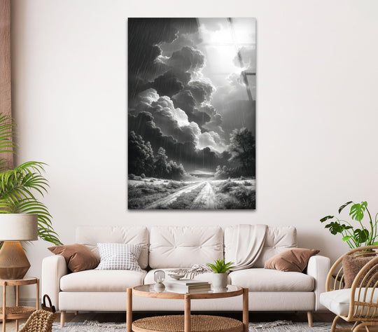 Large landscape wall art showcasing dark storm clouds and falling rain.
