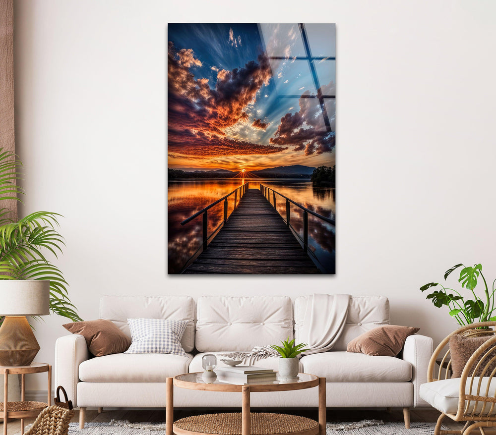 Large landscape wall art showcasing a wooden pier leading into a glowing horizon.
