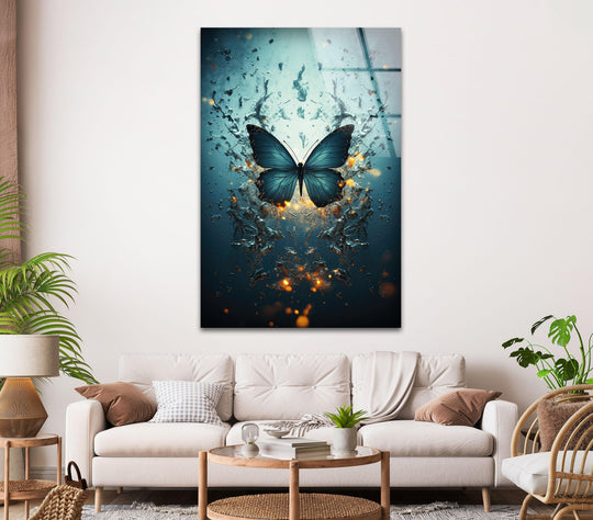 A delicate Morpho Anaxibia butterfly emerges from soft, liquid-like forms in this captivating art from glass.