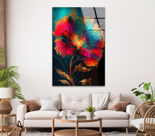 Captivating, the vibrant gold and red alcohol ink flower creates a bold and luxurious mood with its 8K UV printed art from glass.