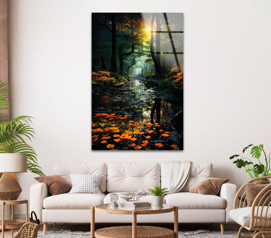 Enchanted forest glass wall art displays a serene stream with orange flowers and sunlit greenery and this landscape glass wall art offers a tranquil nature scene and golden light on a white wall