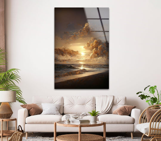 Landscape glass wall art golden sunset reflecting a radiant beach with dreamlike ocean horizon and warm light ambiance