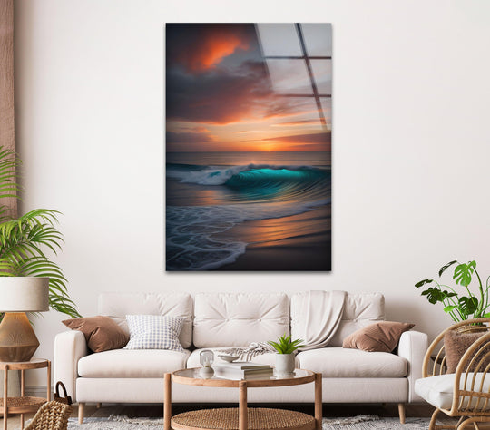 Ocean wave glass wall art showing a seascape at sunset with orange clouds and blue waves is ocean themed decor and tranquil sunset art on a white wall