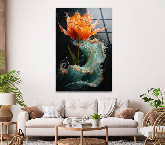 Negative space defines the dark background around the vibrant orange abstract flower in this stunning art from glass wall art, emphasizing the glass's contours and translucence.