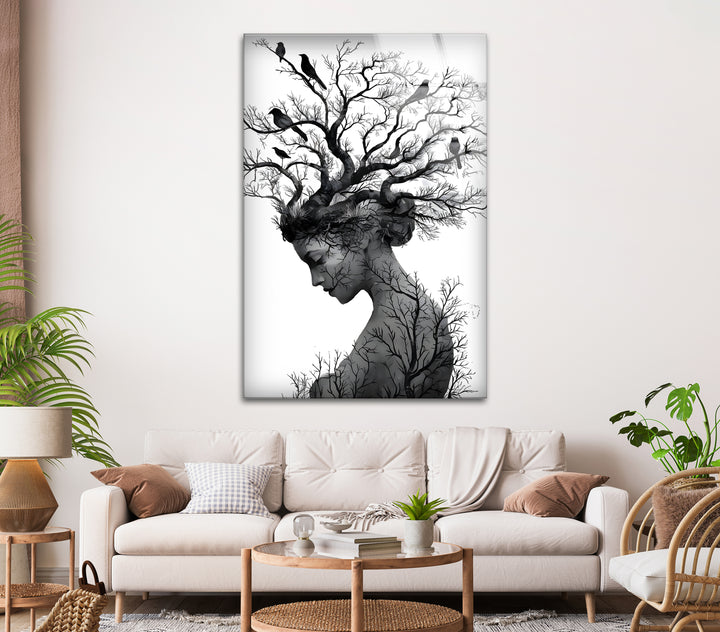 Nature’s Essence – Black & White Abstract Woman with Tree Hair Wall Art