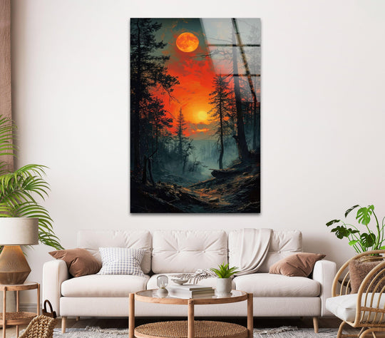 The landscape glass wall art shows a mystical forest sunset and twin moons with ethereal surreal fantasy decor blending nature and a fiery glow