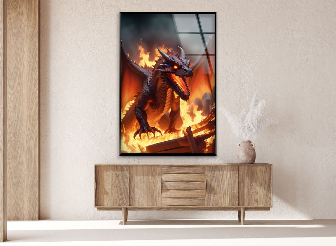 Infernal dragon in full roar, with fiery destruction spreading across the landscape.
