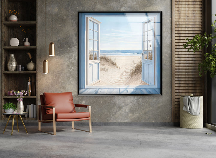 Blue Retreat – Glaswandkunst mit offenem Strandblick