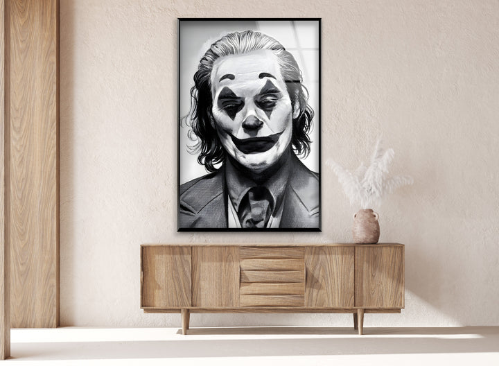 Joker: Iconic Black and White Cinematic Art on Glass Wall
