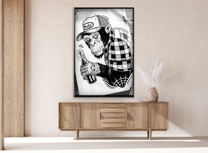High-Quality Black and White Glass Print of a Tattooed Monkey
