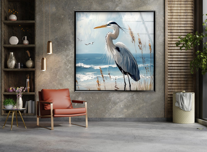 Majestic Heron by the Shoreline - Animal Glass Wall Art