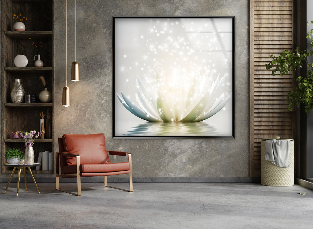 Leuchtende Lotusblüte – Funkelnd weiße Glaswandkunst