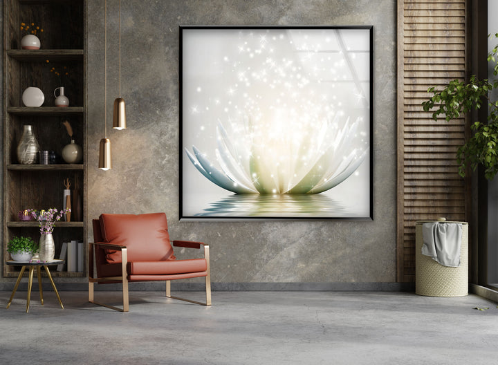 Leuchtende Lotusblüte – Funkelnd weiße Glaswandkunst