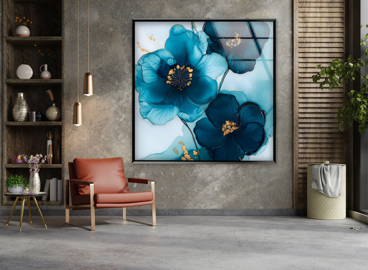 Midnight Bloom – Elegante blaue florale Glaswandkunst