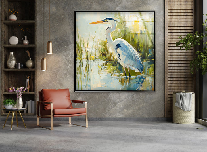 Anmutiger Reiher am Wasser – Ruhige Natur Glaswandkunst
