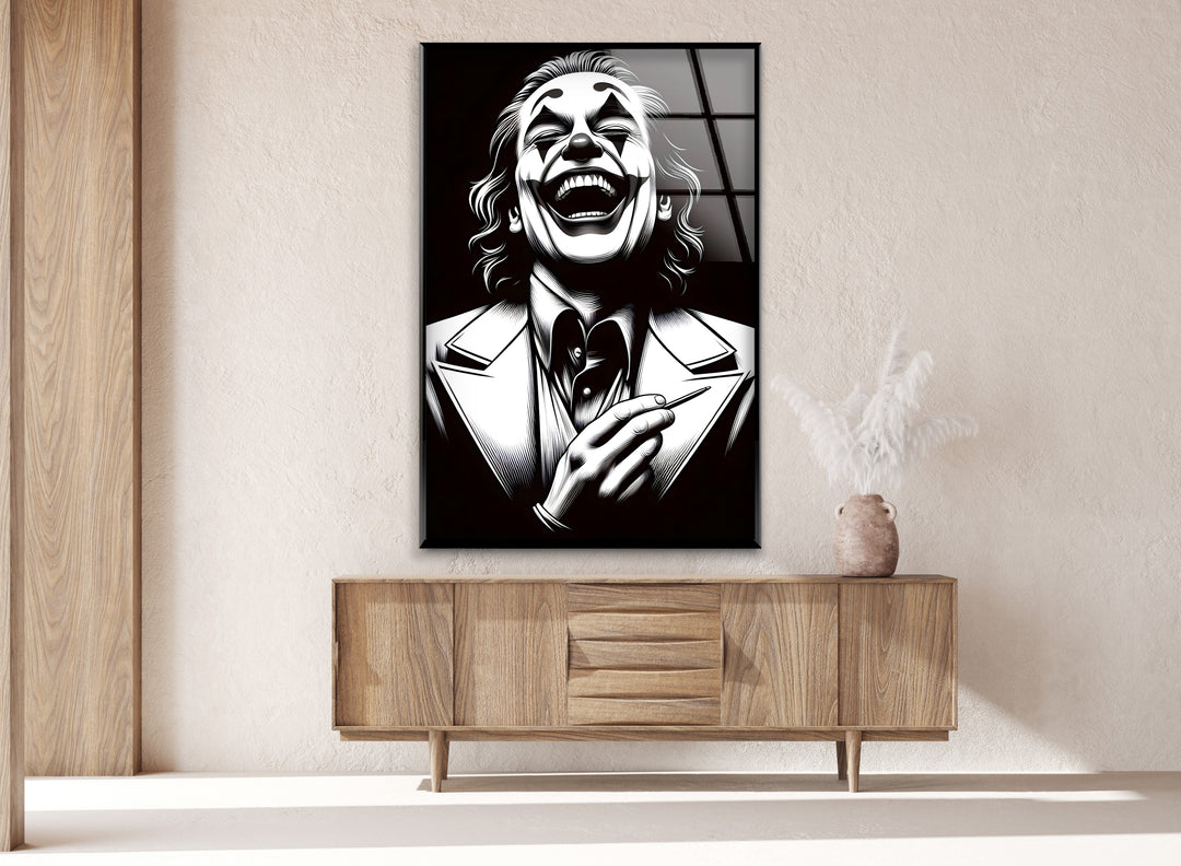 A powerful artistic representation of humor and madness, captured in high-quality black and white artwork.

