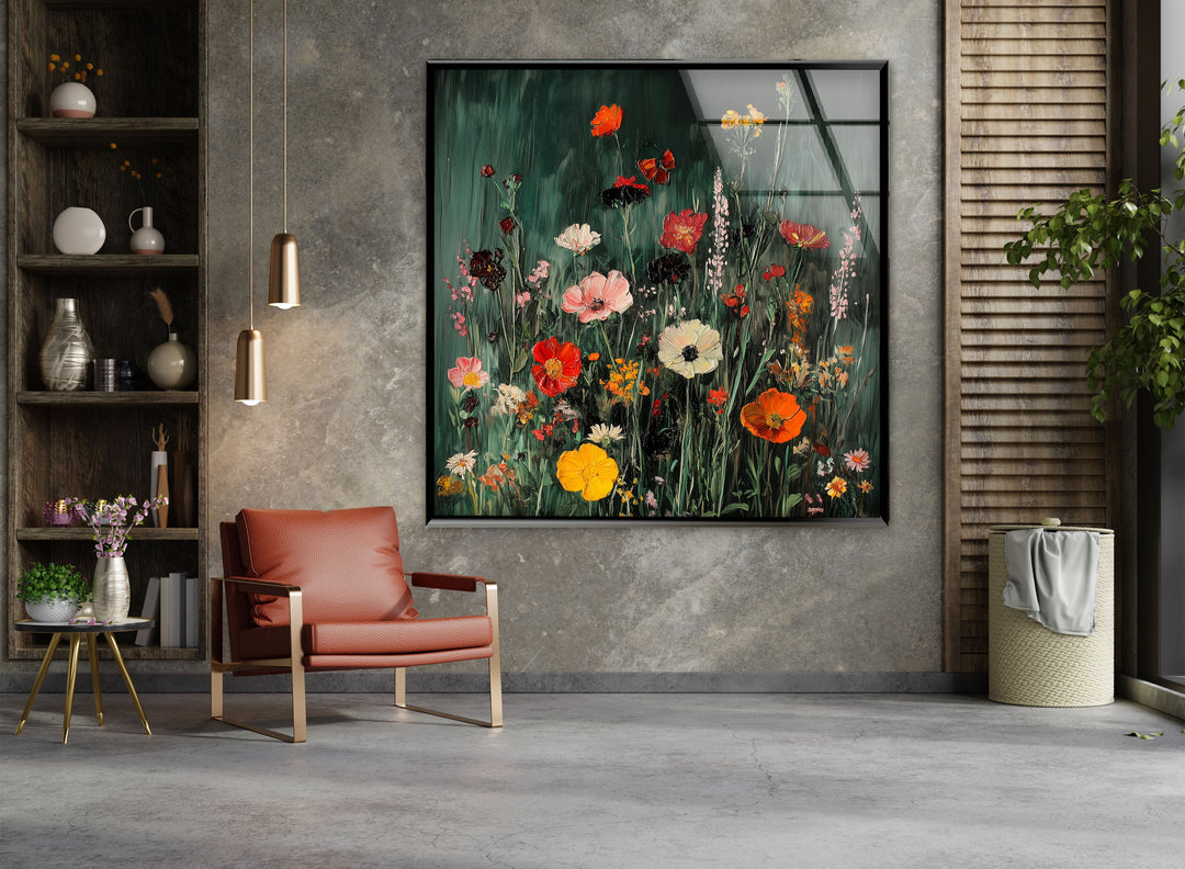 Lebendige Wildblumen in voller Blüte – Moderne florale Glaswandkunst