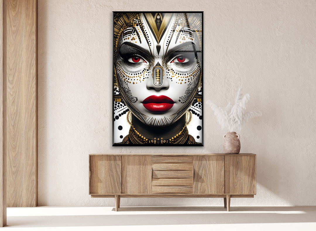 A breathtaking black and white painting infused with luxurious golden detailing.

