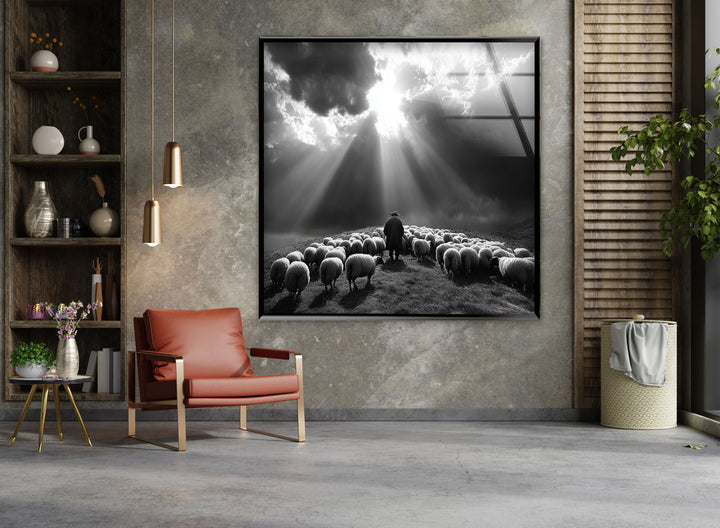 Hirte unter dem Licht – Schwarz-weiße Glaswandkunst