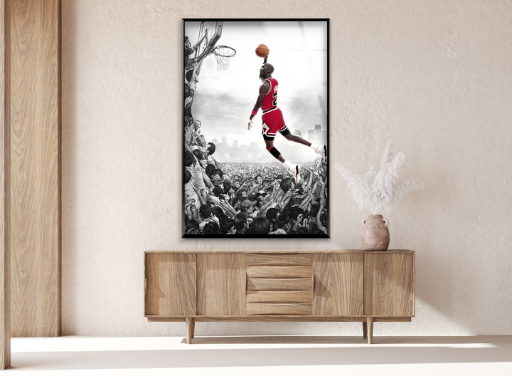 Relive MJ's unforgettable dunk with this dynamic glass wall art, capturing the essence of his iconic moment.