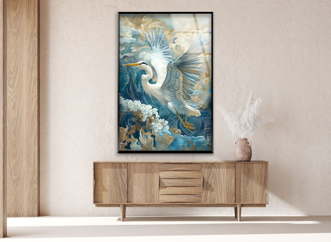 Celestial Flight – Verzierter Reiher mit Gold- und Blumenmotiven aus Glas