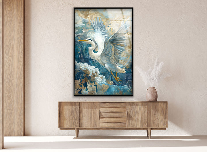 Celestial Flight – Verzierter Reiher mit Gold- und Blumenmotiven aus Glas