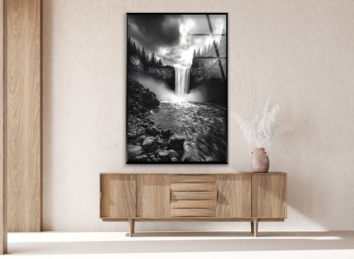 Dramatic black and white glass wall art featuring a misty waterfall and serene forest backdrop.