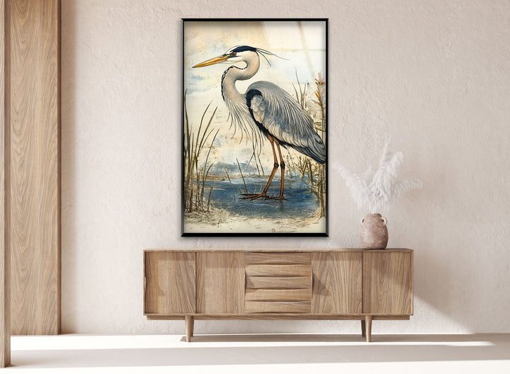 Marshland Poise – Vintage Reiher Illustration Glaswandkunst