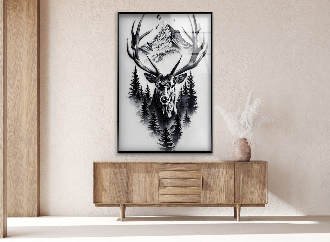 Majestätischer Hirsch &amp; Berg – Schwarz-Weiß-Wandkunst mit Wildtieren