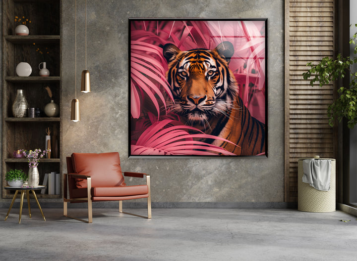 Crimson Canopy Stare – Majestic Tiger Animal Glass Wall Art