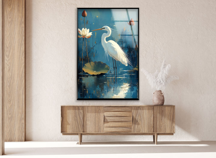 Lotus Grace – Wandbild aus Glas mit weißem Reiher und Seerose